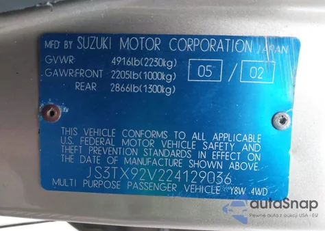 2002 Suzuki Xl-7 Limited/Plus/Standard/Touring from USA, damaged, VIN JS3TX92V224129036